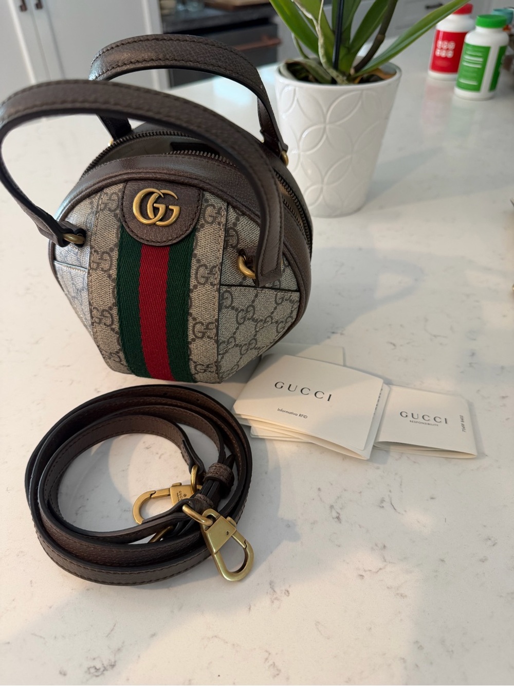 Gucci Brown GG Supreme Mini Round Bag with Green and Red Web
